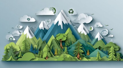 A paper cut-out style image of a mountain landscape with trees, clouds and recycling symbols, evoking nature and environmentalism