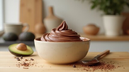 Delicious Chocolate Avocado Mousse in a Bowl with Ingredients.