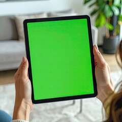 Hands holding a tablet with a green screen, indoor setting (1)