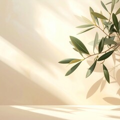 Soft beige background with olive branches and sunbeams