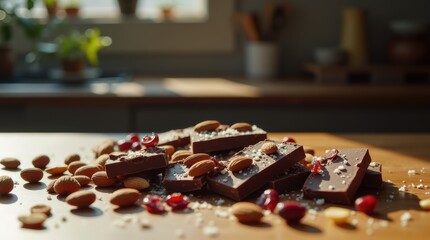 Delicious Chocolate Bar with Almonds and Pomegranate Seeds.