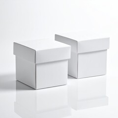Two identical, square, white cardboard boxes with lids