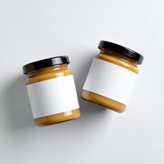 Two small, round, light brownish-tan jars with blank white labels, sitting atop a light gray surface