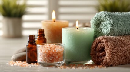 Spa scene featuring lit candles, rolled towels, essential oil bottles, salt crystals, and decorative stones on a wooden surface
