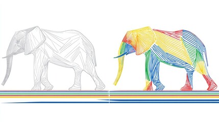 Stylized depiction of an African pachyderm shows a monochromatic outline alongside a vibrant multicolored linear rendering