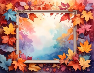 Watercolor illustration of a framed landscape with colorful autumn leaves