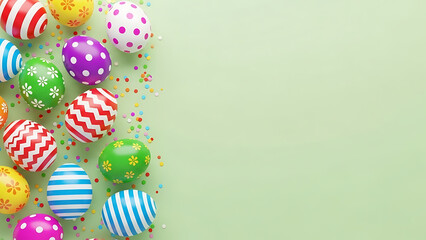 Vibrant Easter Eggs, Confetti, Green Background with Copy Space