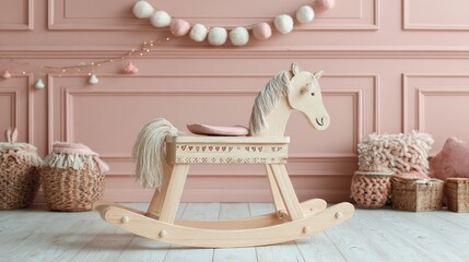 Wooden rocking horse toy rests on floor in a pink nursery.