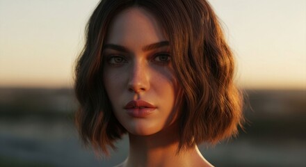 Fototapeta premium Close-up portrait of a young woman with shoulder-length wavy brown hair, illuminated by warm sunset light