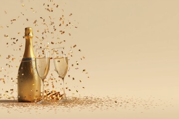 Golden Champagne Bottle with Two Flutes and Confetti for Celebration