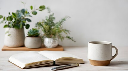 Top View of Blank Notebook and Coffee with Green Plants