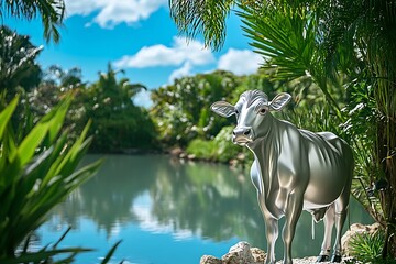 A chic silver cow standing gracefully beside a tranquil pond, reflecting the azure sky and lush greenery. The serene environment creates a feeling of calmness and beauty.