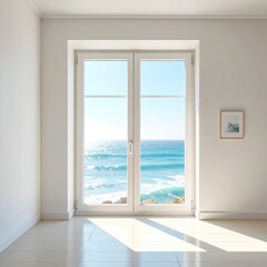 Obraz premium Empty room with large window overlooking ocean waves