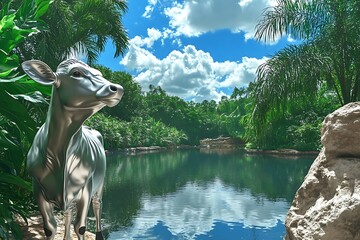 A chic silver cow standing gracefully beside a tranquil pond, reflecting the azure sky and lush greenery. The serene environment creates a feeling of calmness and beauty.