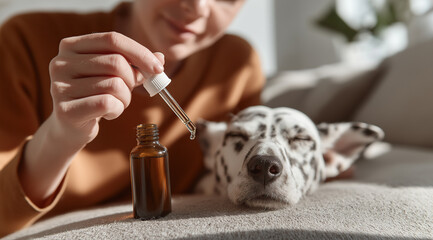 woman giving medicine drops to Dalmatian