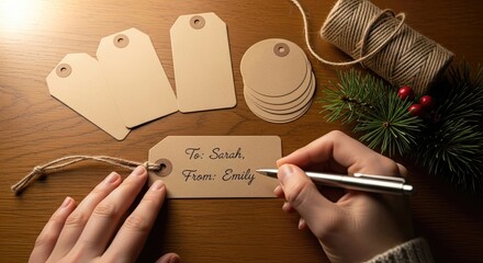 Person writing on gift tag with rustic decorations for a personalized touch during Christmas or