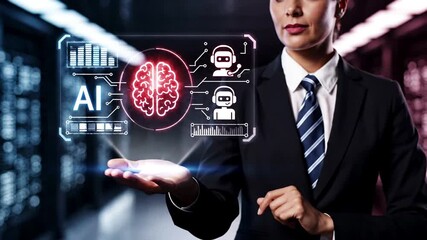 Professional woman utilizing advanced artificial intelligence (AI) system for smart business automation, data analytics, and digital transformation, driving efficiency and innovation in a modern data. - Powered by Adobe