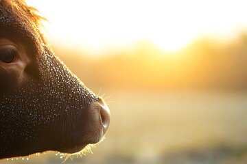A close-up of a cow's beautifully textured coat with dew droplets glistening in the early morning light, set against a softly blurred countryside background.