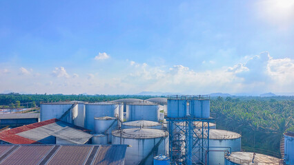 Silo crude oil palm exports station area factory industry.environment development pollution. Storage palm oil tank. Business global industrial from Asia 