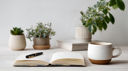 Top View of Blank Notebook and Coffee with Green Plants