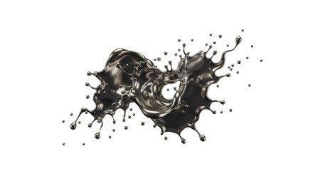 Large abstract splash of reflective liquid chrome resembling mercury, frozen in dynamic motion with tendrils and droplets, against a transparent studio background with copy space, high-speed