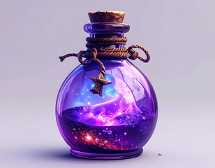 Purple potion bottle containing a nebula. The bottle is tied with a brown rope and sealed with a cork