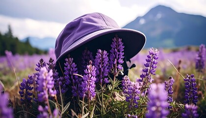 Purple sun hat nestled among vibrant purple lupine wildflowers, with a mountain backdrop under a bright sky