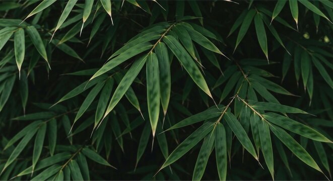 Lush, dark green bamboo leaves densely packed, creating a textured natural backdrop - Powered by Adobe