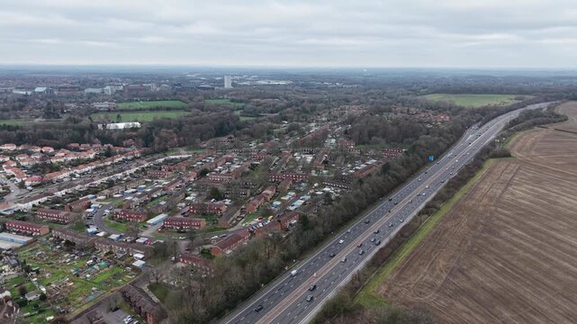 Aerial video capture of Basingstoke town centre and the M3 motorway which bypasses it.