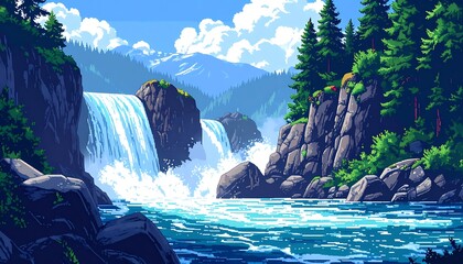Pixelated waterfall scene with lush green trees, rocky outcrops, and distant blue mountains under a cloudy sky