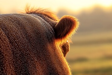 A close-up of a cow's beautifully textured coat with dew droplets glistening in the early morning light, set against a softly blurred countryside background.
