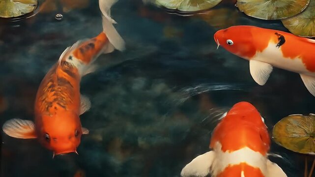 Two koi fish swim in a pond with lily pads, viewed from above