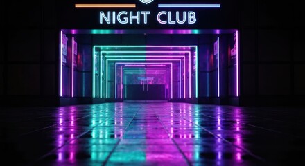 Neon-lit nightclub entrance, vibrant teal and purple glowing lines framing a glossy tiled floor