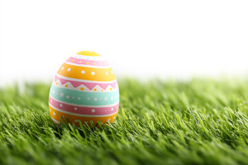 A vibrant Easter egg rests on lush green grass with a bright white background