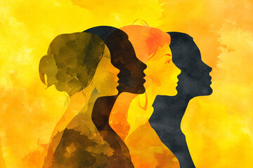 diverse group of women profile silhouettes overlapping in a watercolor wash of yellow and orange
