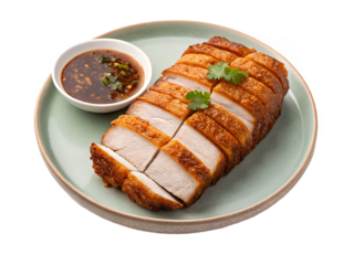 High-quality Thai roasted meat dishes including chicken, pork, beef and duck, sliced and beautifully served on ceramic plates. Clean white background, professional food photography, perfect for menus,