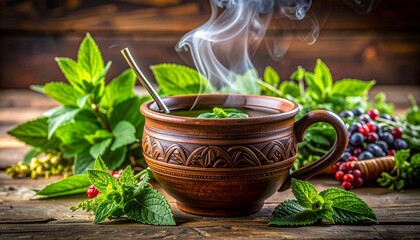 Traditional carved clay cup with steaming green herbal tea and metal straw, surrounded by fresh herbs and berries.