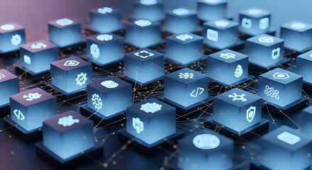 Glowing digital data blocks with various technology application icons connected by futuristic network lines