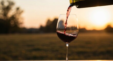 Red wine being poured into a glass at sunset, outdoors, with a blurry field background