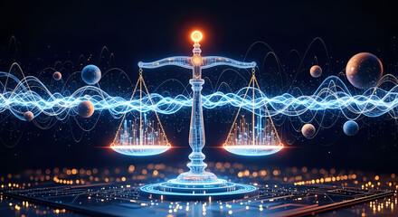 Futuristic glowing scales of justice balance digital cityscapes amidst abstract energy waves