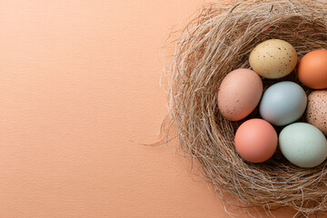 A nest full of colorful eggs sits on a peach textured background