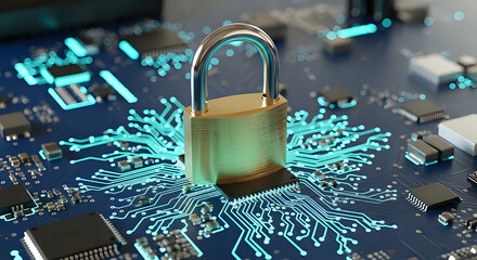 Digital security concept featuring a brass padlock resting directly upon a glowing blue printed circuit board