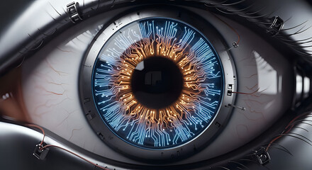 Macro view of a futuristic bionic cyborg eye featuring glowing circuit patterns within the iris structure