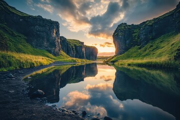 Serene landscape of a lake surrounded by lush green mountains and a cloudy sky at sunset, reflecting calmness and natural beauty.