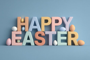 pastel colored 3d letters spell happy easter surrounded by decorative eggs on a soft blue background