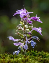 Purple wildflower against a blurred green background, growing from a bed of mossy green