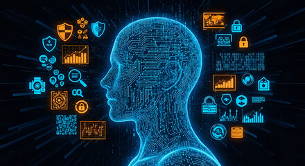 Digital human consciousness surrounded by glowing icons representing artificial intelligence and data security concepts