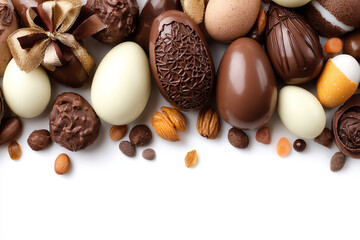 assortment of delicious chocolate easter eggs and candies with nuts and dried fruit