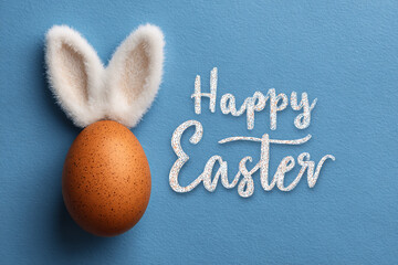 cute Easter egg with fluffy bunny ears and Happy Easter text