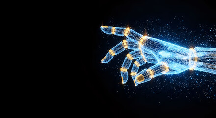 Wireframe robotic hand reaching out with glowing digital connections against a dark background